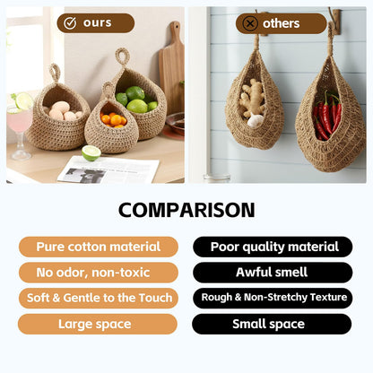 Hanging Storage Baskets Boho Decor Set of 3, Handmade Cotton Rope Wall-Mounted Fruit & Vegetable Baskets, Decorative Hanging Organizers for Kitchen, Entryway, Bathroom & Bedroom