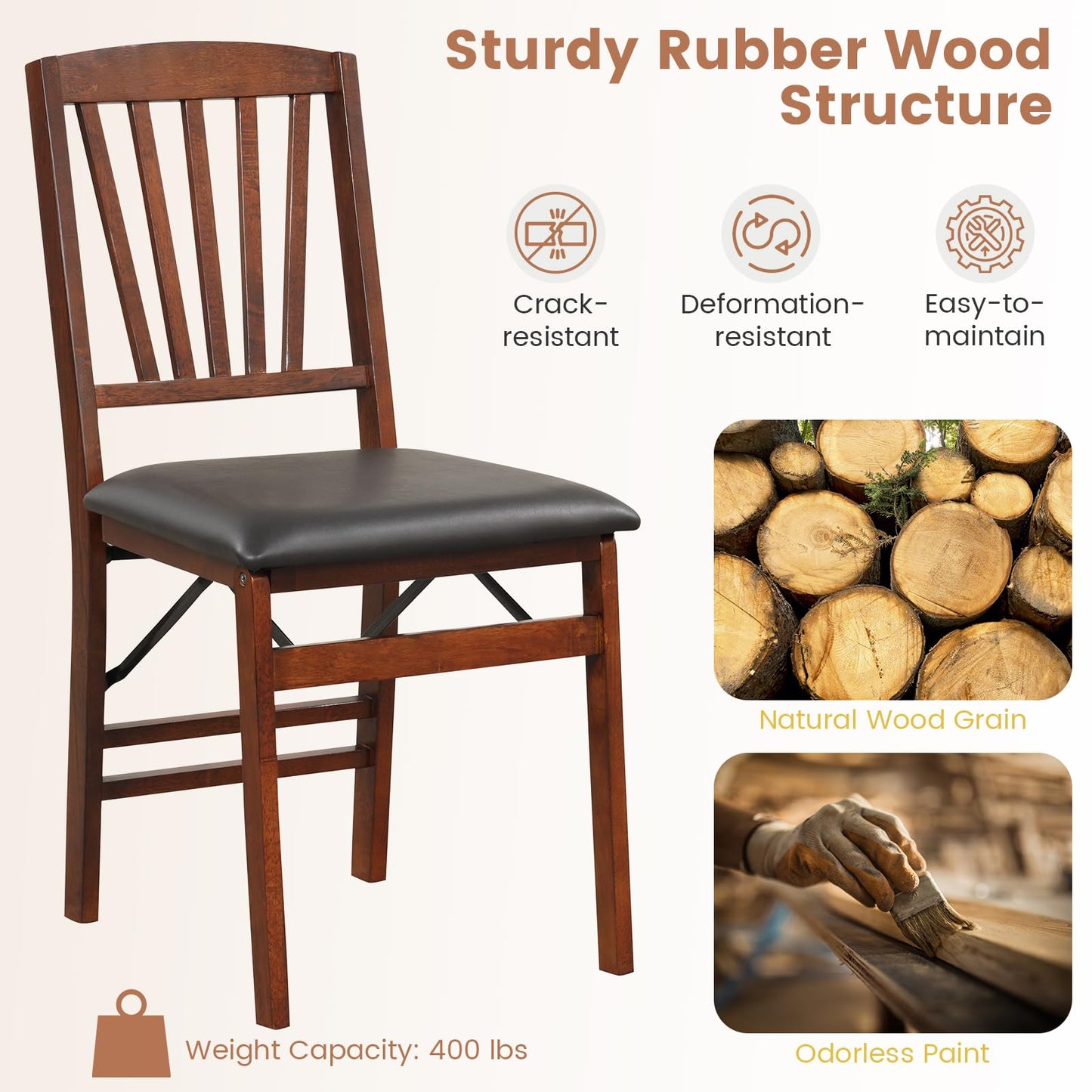 COSTWAY Folding Dining Chairs Set of 4, Upholstered Wooden Dining Room Chairs with PVC Padded Seat, Solid Wood Frame and 400LBS Capacity for Kitchen Apartment (Black & Brown)