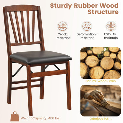 COSTWAY Folding Dining Chairs Set of 4, Upholstered Wooden Dining Room Chairs with PVC Padded Seat, Solid Wood Frame and 400LBS Capacity for Kitchen Apartment (Black & Brown)