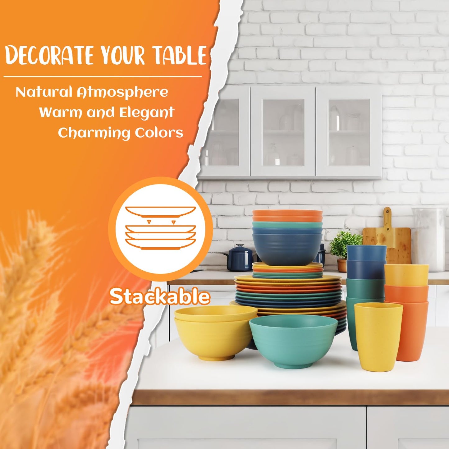 Wheat Straw Dinnerware Set 40-Piece Service for 8 Unbreakable Dishes Set Plates and Bowls Sets Drinking Glasses Microwave Safe Dish Set Lightweight Dinnerware Set for Home & Kitchen - Yellow
