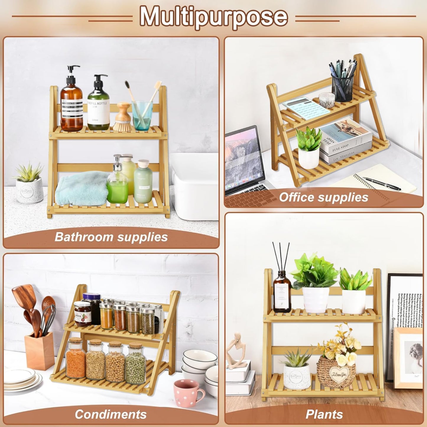 Winmist Glimpse Wooden Matcha Station Shelf, 2 Tier Natural Finish Bamboo Countertop Organizer, 15.7x13.8x7.5 Inch Coffee Bar Display Stand for Mugs, Condiments, Tea & Kitchen Accessories