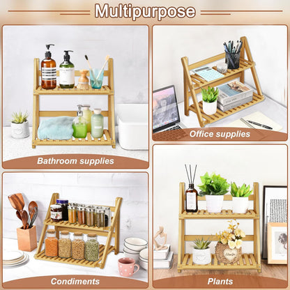 Winmist Glimpse Wooden Matcha Station Shelf, 2 Tier Natural Finish Bamboo Countertop Organizer, 15.7x13.8x7.5 Inch Coffee Bar Display Stand for Mugs, Condiments, Tea & Kitchen Accessories