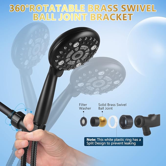6 Spray Modes High Pressure Handheld Shower Base Upgraded 5 Inches Shower Head with Handheld Spray Matte Black Handheld Shower Head 60 Inches Stainless Steel Hose-Shower Door Bootom Seal Strip