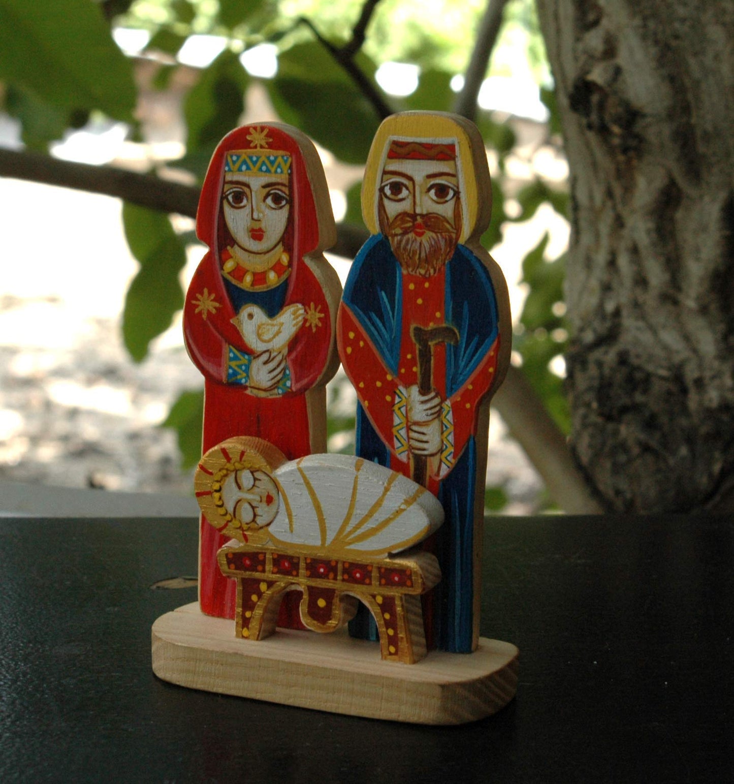 Saint Mary with Josef Nativity Tabletop Wooden Handmade Red Blue Yellow