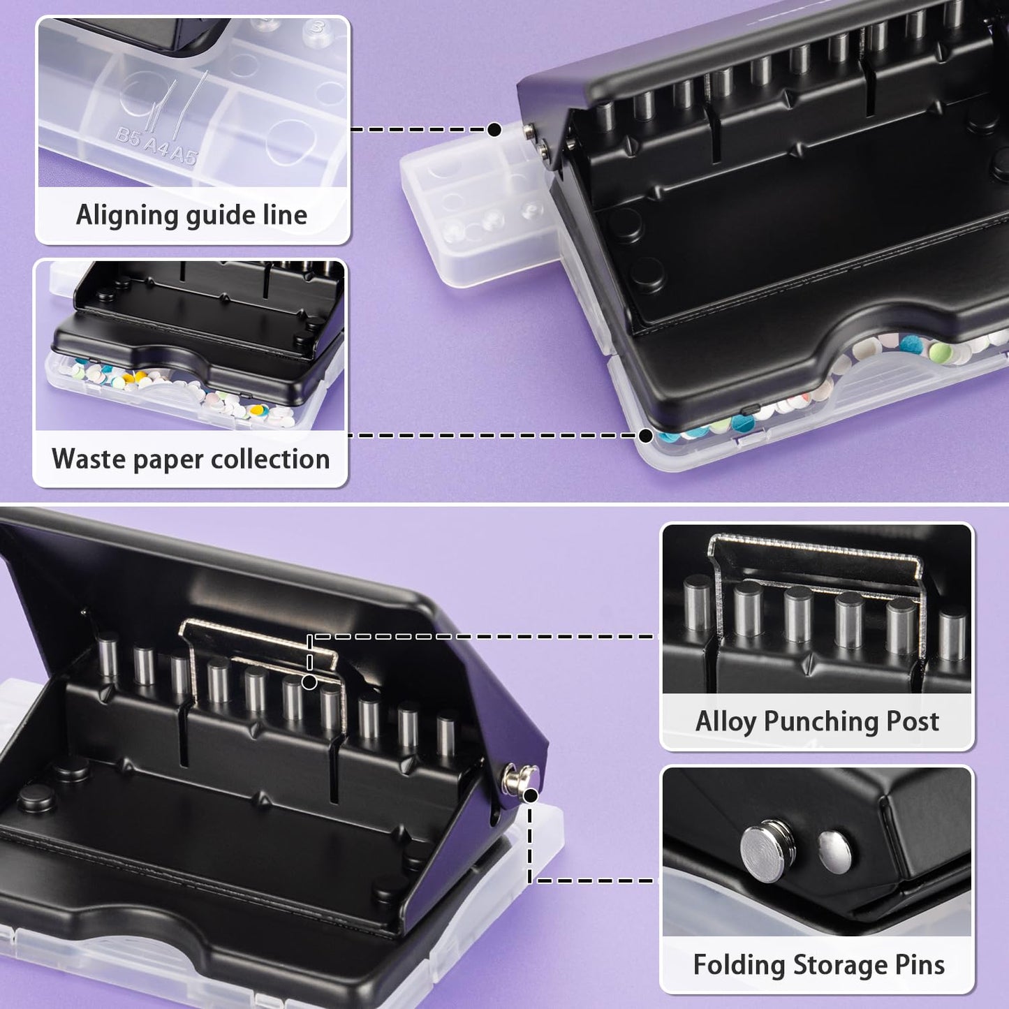 IMLIKE 10-Hole Binding Machine for Planners - Metal Manual Binding System with 10 Multi-Color 30-Hole Loose Leaf Binding Spines - Punches 26 Holes on B5, 30 Holes on A4, 20 Holes on A5 Paper - Black