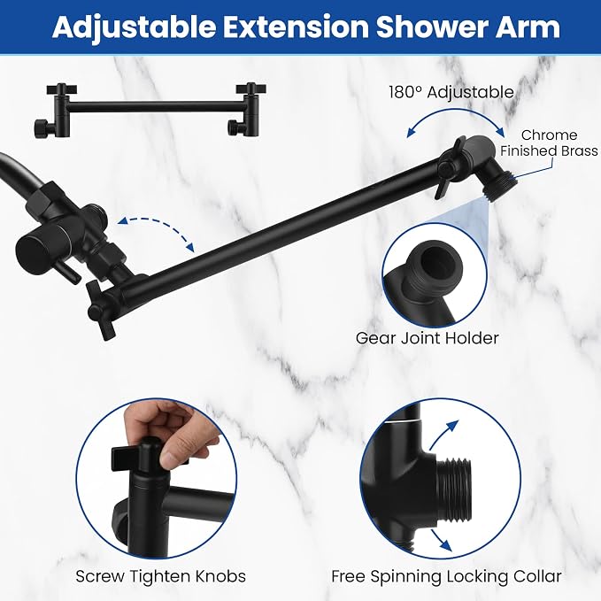 Tudoccy Shower Head, 8‘’ High Pressure Rainfall Shower Head/Handheld Shower Combo with 11'' Extension Arm, 9 Settings Anti-leak Shower Head with Holder, Height/Angle Adjustable, Matte Black