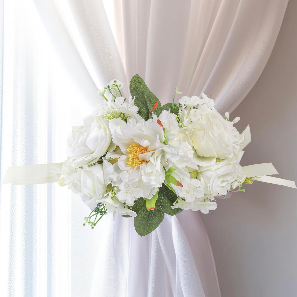PERIZIA 2Pcs Flower Curtain Tiebacks,Artificial Floral Curtain Holdbacks for Window Tie Backs Decorative Rope Buckle,for Home Office Decor (White)