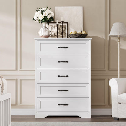 GarveeHome 5 Drawers Dresser for Bedroom, Chest of Drawers with Wide Metal Handle, Farmhouse Modern Wooden Tall Dresser, Natural Texture, Storage Organizer for Bedroom, Living Room, Kids Room(White)