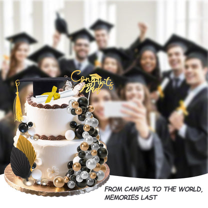 Graduation Cap Cake Topper Decorations Kit Included Cap Diploma Gold Congrats Grad Cake Topper Balls and Paper Palm Leaves Cake Decorations for Graduation Party Cake Decoration (Black)