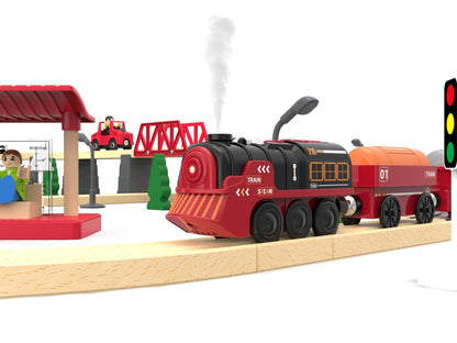 Toy Train Electric Train Set for Wooden Tracks, Christmas Motorized Train Toys for Toddlers, Battery Operated Train Includes Lights, Sounds, Smoke, Steam Train Compatible with Thomas, Brio