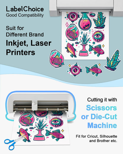 100 Sheets 8.5”x11” Printable Sticker Paper for Inkjet Laser Printer & Cricut Maker, Labelchoice Blank Matte White Self Adhesive Full Sheet Labels for Smart Cutting Machines,Whole Page Shipping Labels