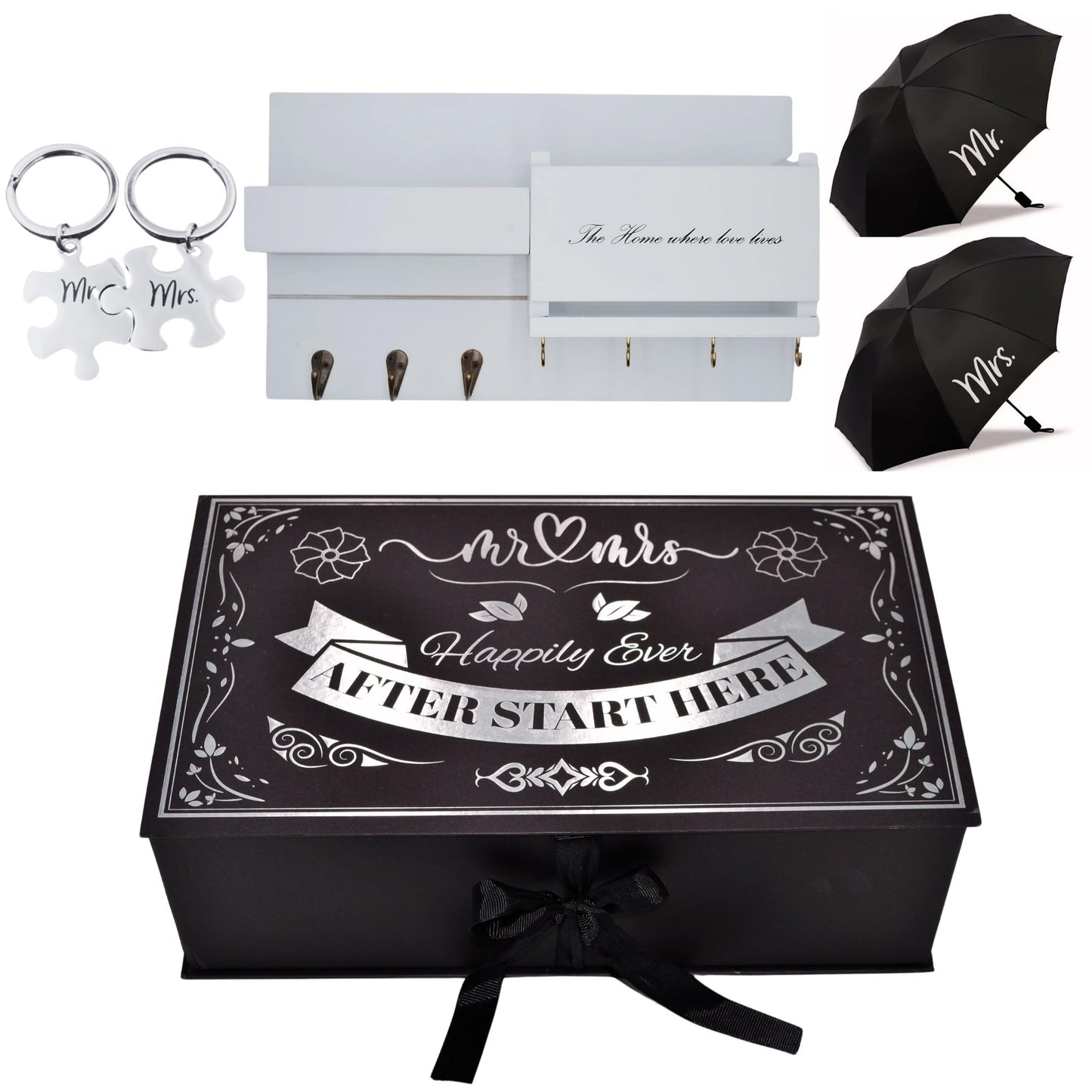 CLOVERIZ Wedding Gift Set – Mr & Mrs Key Holder with Umbrellas & Keychains – Unique Couple Housewarming Present