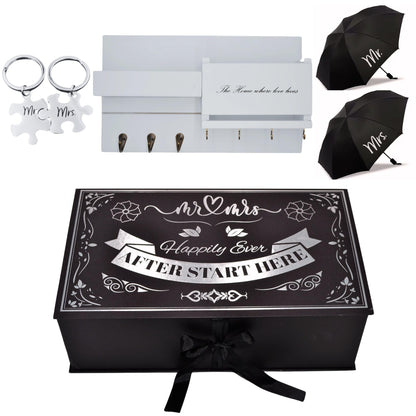 CLOVERIZ Wedding Gift Set – Mr & Mrs Key Holder with Umbrellas & Keychains – Unique Couple Housewarming Present