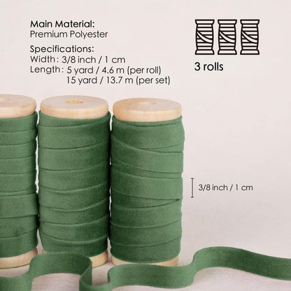 Vitalizart Green Velvet Ribbon Set 3/8" x 15 Yd Wooden Spool Fabric Trim 3 Rolls * 5 Yd for Christmas Wreath Decoration Handmade Craft Ornaments Gift Wrapping & Bow Making