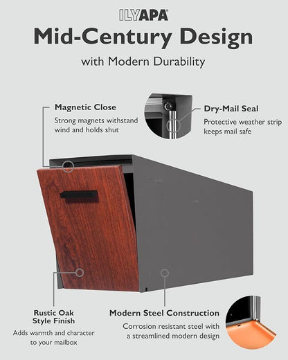 Ilyapa Modern Mailbox with Angle Design Post Mount - Metal Mailbox for Outside - Gray Exterior Mail Box - Powder Coated Steel - All Weather Resistant