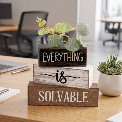 Lineshading 4 Pcs Inspirational Farmhouse Table Decor Rustic Wooden Stacked Block Signs with Inspirational Quote Artificial Eucalyptus Leaves Farmhouse Decoration for Home Office Shelf Gift