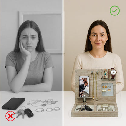 Namore Nightstand Organizer for Women – Wood Phone Docking Station & Jewelry Valet Tray for Phone, Earrings, Wallet & Keys – Unique Gifts for Women, Wife, Mom