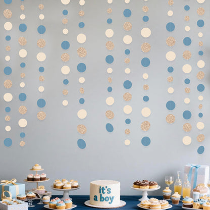 Champagne Gold Dusty Blue Beige Circle Dot Garland Hanging Paper Polka Dot Streamer for Men Boy Birthday Baby Shower Wedding Bridal Shower Retirement Engagement Bachelorette Party Decorations Supplies
