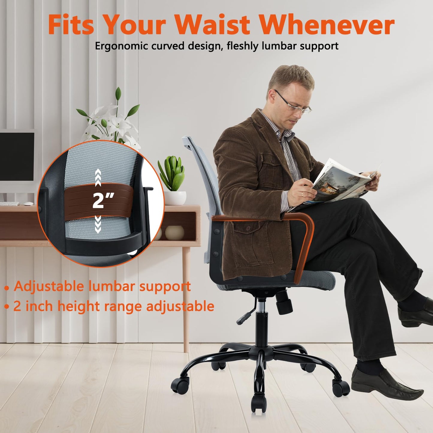 CLATINA Ergonomic Office Desk Chair - Mesh Office Chair with Adjustable Lumbar Support, Rolling Comfortable Computer Task Chairs with Arms for Home Conference-Gray, 2 Pack