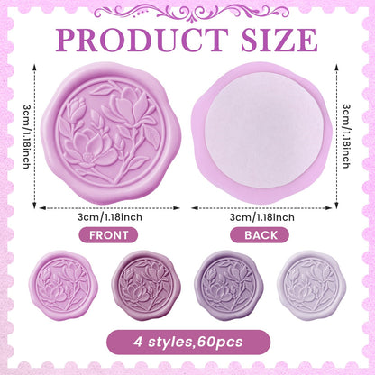 Jaloro 60 Pcs Wax Seal Stickers Magnolia Envelope Seals Wedding Botanical Wax Stickers for Wedding Engagement Baby Shower Party Favor Invitations Scrapbooking Mother's Day Gift Wrap(Purple Series)