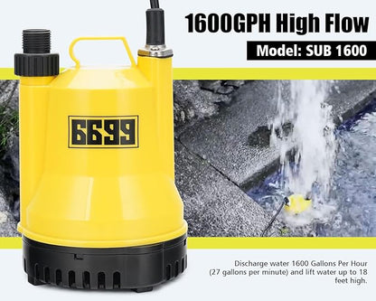 Submersible Water Pump 1/4 HP 1600GPH Thermoplastic Utility Pump Electric Portable Transfer Water Pump with 10-Foot Cord for Pool Tub Garden Pond Draining