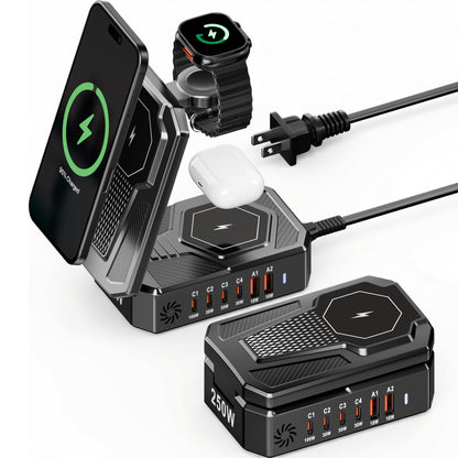 9-in-1 Magnetic Charging Station Foldable - 250W Hub with 100W USB-C for Laptops, 3-in-1 Wireless Dock for Phones/Watches/Earbuds