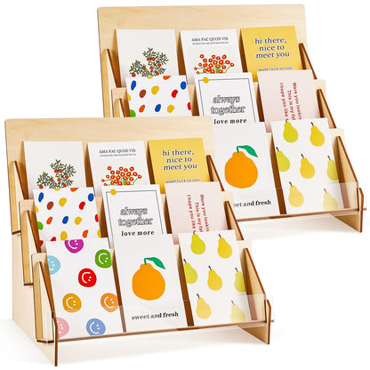 Barydat 2 Pcs Greeting Card Display Stand, 3 Tiered Wooden Multipurpose Portable Rack Holder for Retail Stores, Postcard Brochure Photos Sticker Magazine, Stationery Vendors(13 x 9.6 x 13.2 Inch)