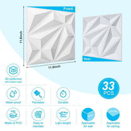 Art3d 33-Pack 3D Wall Panel for Interior Wall Décor, Diamond Textured PVC Accent Wall Paneling for Living Room Bedroom Office TV Wall Background, 11.8"x11.8" Cover 32.Sq.Ft., White