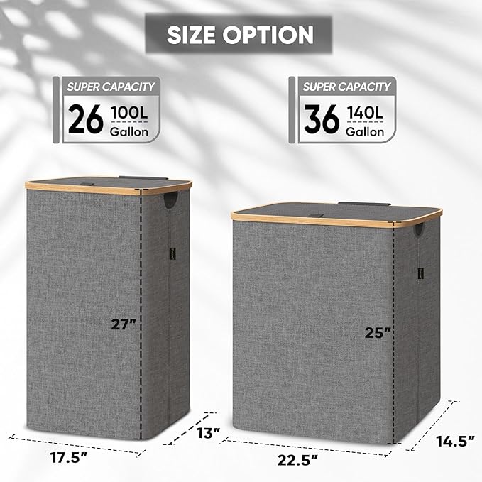 BALEINE Laundry Hamper with Lid, Tall Laundry Baskets with Bamboo Pull Handles