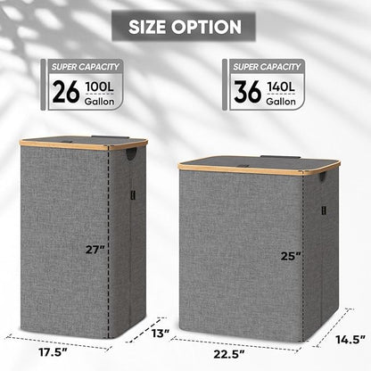 BALEINE Laundry Hamper with Lid, Tall Laundry Baskets with Bamboo Pull Handles