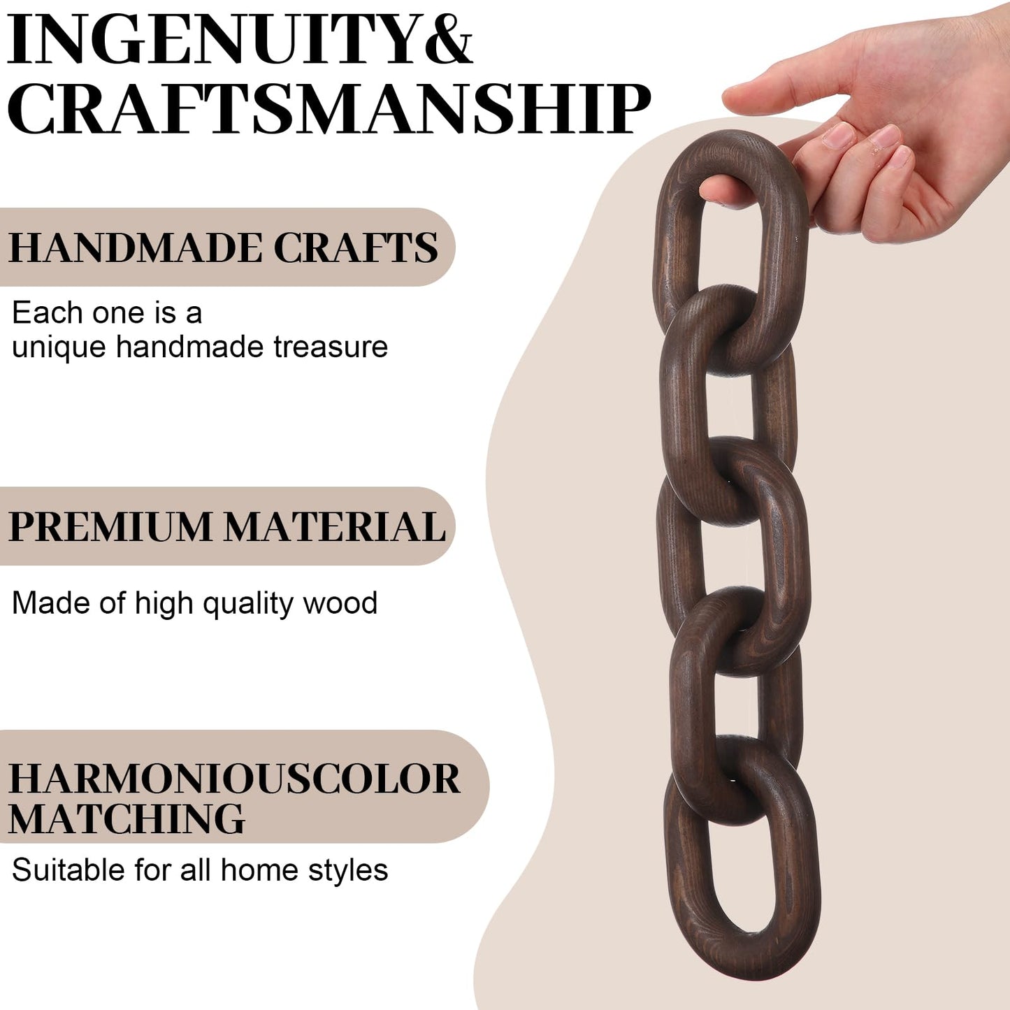 Queekay Decorative Wood Chain Link Decor Rustic 5 Link Wooden Chain Ornament Farmhouse Home Decoration Hand Carved Crafts Book Shelf Decor Items for Coffee Table(Dark Walnut,13.78 Inch)