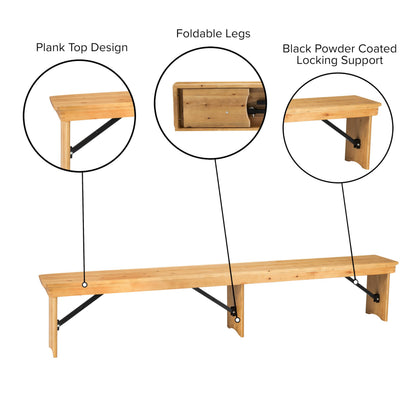 Taylor & Logan Ingles 8' x 12'' Antique Rustic Light Natural Solid Pine Folding Farm Bench with 3 Legs