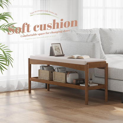 STDDRE Shoe Bench Entryway Bamboo 2-Tier Shoe Rack with Cushion Padded Seat Shoe Bench Organizer Stable for Entry, Hallway, Living Room, Bedroom, Closet (39.4 * 11.4 * 16.5IN, Brown-Beige)