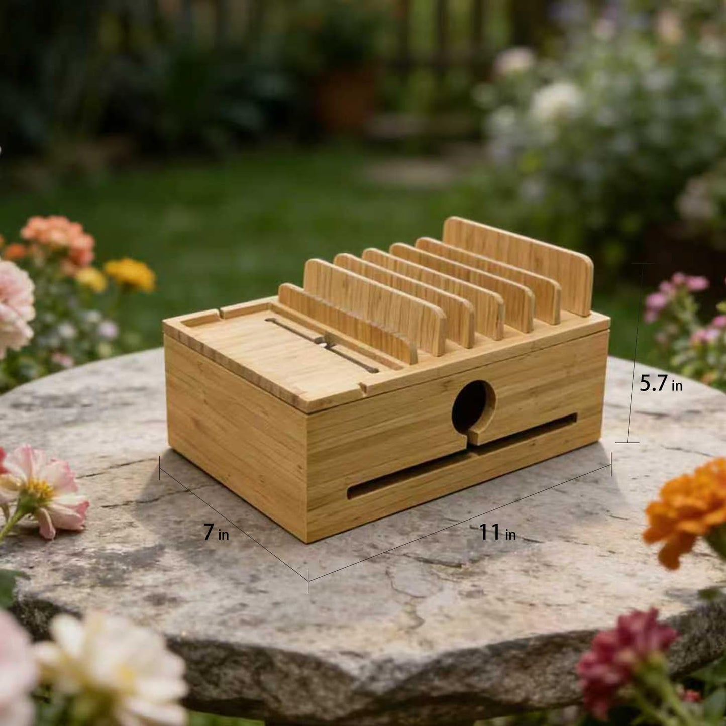 PERFECYEE Bamboo Charging Station Organizer for Multi-Devices with Tray, Nightstand Desk Electronic Organizer Stand for Cell Phone, Tablet, Etc (with 5-Cable, No USB Charger)