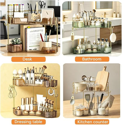 2-Tier Corner Bathroom Counter Organizer，Makeup & Skincare Shelf with Built-in Brush Holder，Space-Saving Bathroom Countertop Organizer for Skincare, Perfume, Cosmetics(Clear)