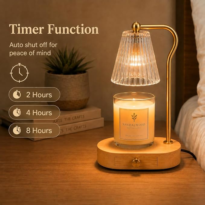 Candle Warmer Lamp with Timer & Dimmer, Natural Wooden Base with Drawer, Gold-Tone Metal Stand, Extra Bulb Included, Candle Warming Lamp, Electric Candle Wax Warmer