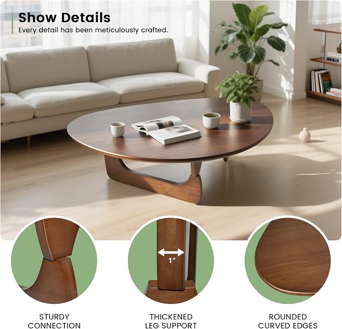 Modern Triangle Coffee Table: Unique Funky Soild Wood Coffee Tables for Living Room, Wooden Oval Mid-Century Modern Abstract Tea Tables for Patio Office Balcony (Walnut, 33" L x 22" W x 16" H)