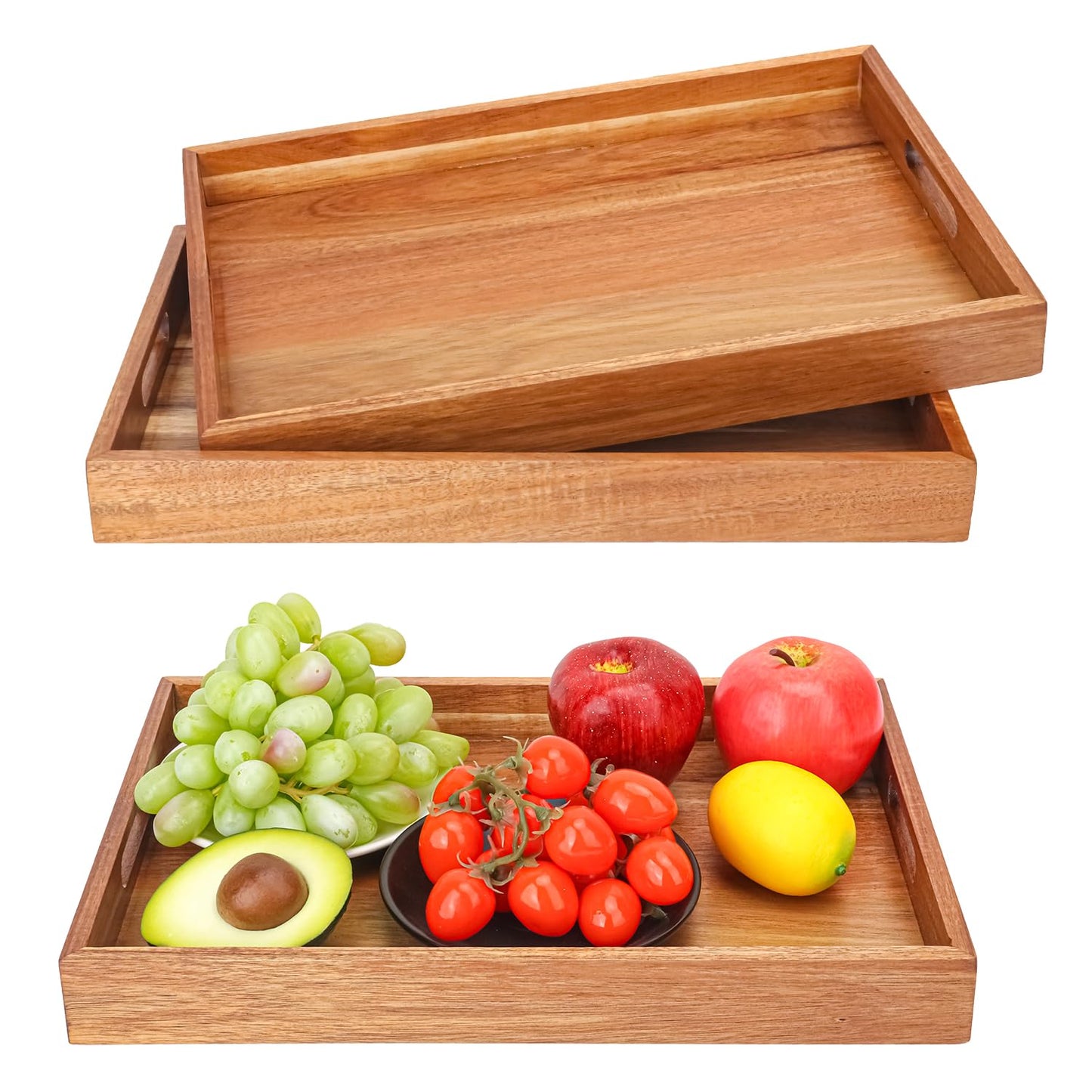 kukmakri 3 PCS Acacia Wood Serving Tray with Handles - 15 x 10 Inch Elegant Rectangle Wooden Tray for Food, Decorative Snack Tray, Breakfast and Kitchen Tray, Ideal Wooden Serving Platter for Homes