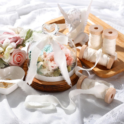 Mindsoft Frayed Chiffon Ribbon for Craft Silk Satin Ribbons 1/2-1/4 Inch x 20 Yard Handmade Fabric Strips with Wooden Spool for Valentines Day Wedding Gift Wrapping(Ivory)