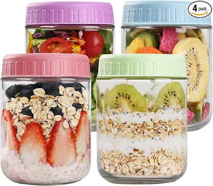 SHOWIN Overnight Oats Containers with Lids, 16oz Glass Jars with Lids 4 pcs, Candy, Wide Mouth Mason jars for Salad, Yogurt, Snacks, Meal Prep