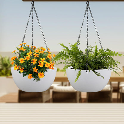 Meowell 10 inch Hanging Planters for Indoor Outdoor Plants, 2 Pack Hanging Flower Pots with Drainage Holes and Chain for Garden Balcony Porch, Round Plastic Hanging Baskets for House Plants, White