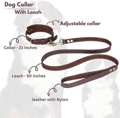 Lightnpro Genuine Leather Dog Collar & Leash Set - Adjustable 18" Collar with Metal Buckle & Reinforced Nylon Leash - Durable Walking & Training Gear for Large Breeds