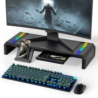 Heymaster Monitor Stand for Desk, Gaming Monitor Riser with RGB Light, Foldable Computer Monitor Stand Riser, Desk Organizers and Accessories for Desktop, Printer (Black)