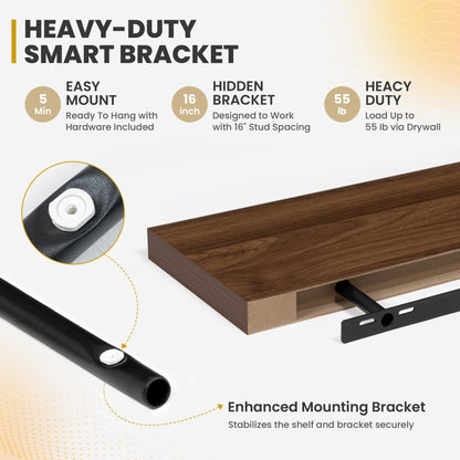 Acovy 30 Inch Floating Shelves, 9.3" Deep Floating Shelf Wall Mounted, 30" Wall Shelves, Rustic Deep Bookshelf, Large Display Shelves & Storage Shelves for Bedroom, Living Room, Walnut, Set of 2