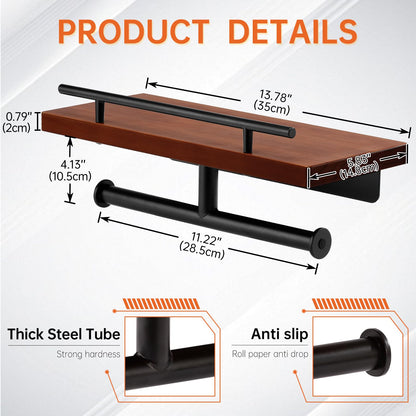 Toilet Paper Holder with Wood Shelf, Wall Mount Toilet Paper Roll Holder with Wooden Shelf and Matte Black Stainless Steel Pipe, Tissue Roll Holder for Bathroom Washroom (Dark Brown, 13.8'' x 5.9'')