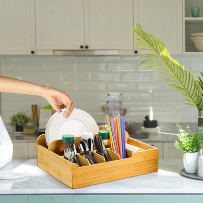 Frcctre Bamboo Utensil Caddy Organizer, 8 Compartments Large Paper Plate Holder, Adjustable Utensil Holder Silverware Cutlery Organizer for Plate Cup Fork Spoon Napkin, 16" L x 13" W x 5.5" H