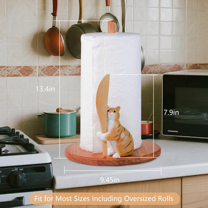 Cat Wooden Paper Towel Holder,9.5" Large Thicken Base Wood Kitchen Tissue Holder, Freestanding Paper Towel Holders, Suitable for Farmhouse, Kitchen Countertop Decorative Paper Towel Holder (cat)