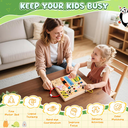 MoKo Montessori Busy Board Toys for 3+ Years Old Wooden Sensory Toys Board with LED Light Up Switch, Locks, Zippers, Music Boxes Learning Educational Fidget Toy for Toddlers Boys & Girls