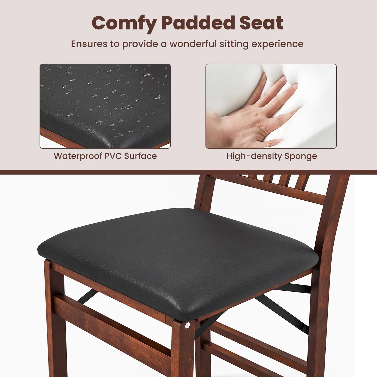 COSTWAY Folding Dining Chairs Set of 4, Upholstered Wooden Dining Room Chairs with PVC Padded Seat, Solid Wood Frame and 400LBS Capacity for Kitchen Apartment (Black & Brown)