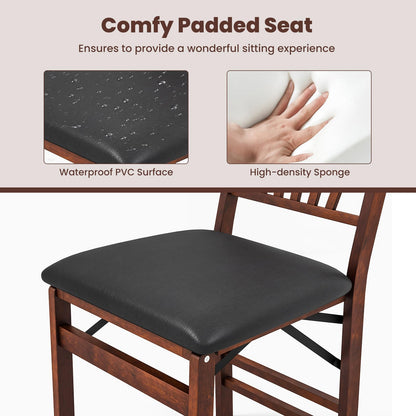 COSTWAY Folding Dining Chairs Set of 4, Upholstered Wooden Dining Room Chairs with PVC Padded Seat, Solid Wood Frame and 400LBS Capacity for Kitchen Apartment (Black & Brown)